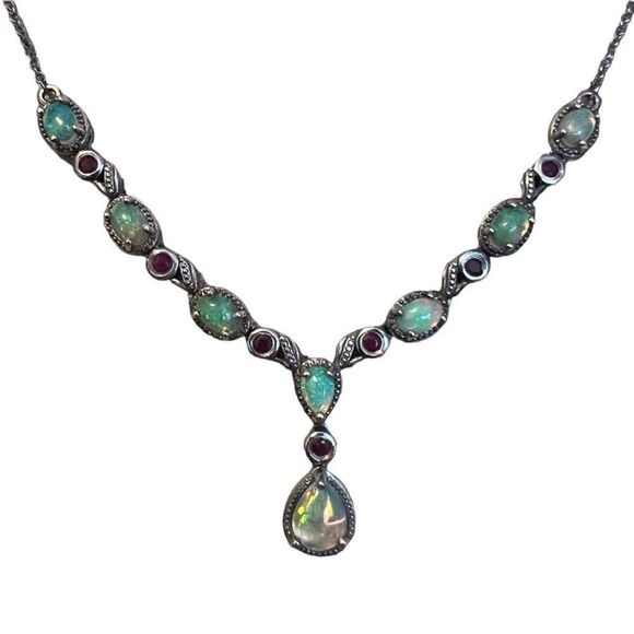 GORGEOUS Genuine Ethiopian Opal Ruby Drop Platinum Over Sterling Silver Necklace - Picture 2 of 8